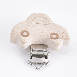 BurlyWood Beech Wood Baby Pacifier Holder Clips, with Iron Clips, Car, Platinum, BurlyWood, 41x45x18mm, Hole: 3.5x6mm