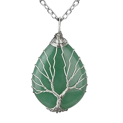 Aventurine Verte Collier pendentif en forme de larme d'aventurine verte naturelle, collier enroulé en fil de cuivre platine, 20.47 pouce (52 cm)