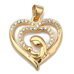 Real 18K Gold Plated Brass Micro Pave Clear Cubic Zirconia Pendants, Long-Lasting Plated, for Mother's Day, Heart with Mother and Son, Real 18K Gold Plated, 21.5x20x3mm, Hole: 3.5x4mm