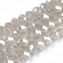 Silver Electroplate Glass Beads Strands, Imitation Jade Beads, Pearl Luster Plated, Faceted, Rondelle, Silver, 8x6mm, Hole: 1mm, about 65~68pcs/strand, 15.7~16.1 inch(40~41cm)
