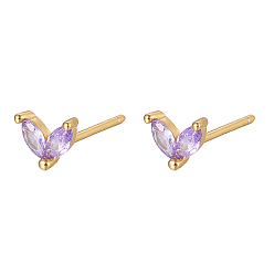 Lilac Golden 925 Sterling Silver Micro Pave Cubic Zirconia Stud Earrings, Leaf, Lilac, 5.5mm