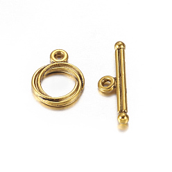 Antique Golden Tibetan Style Toggle Clasps, Antique Golden, Lead Free and Cadmium Free, Size: about Ring: 13mm wide, 17mm long, Bar: 3mm wide, 24mm long, hole: 2mm