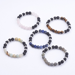 Mixed Stone Natural Lava Rock and Gemstone Stretch Bracelets, with Alloy Beads, Burlap Bags, Round, 2 inch(52mm)