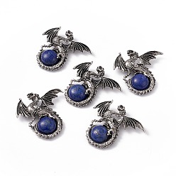 Lapis Lazuli Natural Lapis Lazuli Dome Pendants, Gragon Charms, with Rack Plating Antique Silver Tone Alloy Findings, Cadmium Free & Lead Free, 44x46x9mm, Hole: 5.5x4mm