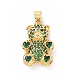 Green Brass Cubic Zirconia Pendants, Golden, Bear with Heart Charm, Green, 23x15x4mm, Hole: 4X5mm