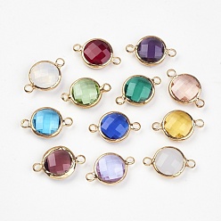 Mixed Color Brass Glass Links connectors, Faceted, Flat Round, Light Gold, Mixed Color, 8.5x14.5x3.5mm, Hole: 1.5mm