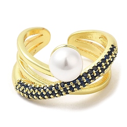 Черный Открытое кольцо-манжета с кубическим цирконием и пластиковыми жемчужными бусинами, золотые латунные кольца, чёрные, внутренний диаметр: 17 мм