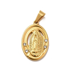 Golden Vacuum Plating 304 Stainless Steel Pendants, with Rhinestone, Oval with Virgin Mary, Golden, 25x16.5x3mm, Hole: 7x3.5mm