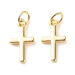 Real 18K Gold Plated Brass Pendants, with Jump Ring, Cadmium Free & Lead Free, Cross, Real 18K Gold Plated, 15x8x1.5mm, Hole: 3.5mm