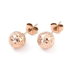 Rose Gold Ion Plating(IP) 304 Stainless Steel Stud Earring Findings, with Ear Nuts, Textured Round, Rose Gold, 19x8mm, Pin: 0.7mm