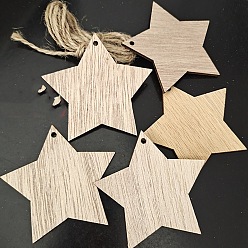 Star Unfinished Wood Pendant Decorations, with Hemp Rope, for Christmas Ornaments, Star, 7.3x6.7x0.25cm, 10pcs/bag