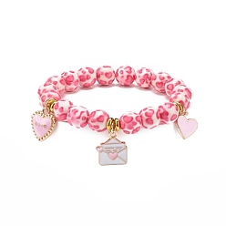 Hot Pink Resin Round Beaded Stretch Bracelet, Word Love Heart Envelope Alloy Enamel Charms Bracelet for Valentine's Day, Hot Pink, Inner Diameter: 2 inch(5cm)