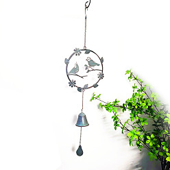 Light Steel Blue Birds with Flower Iron Hanging Wind Chime Decor, for Home Hanging Ornaments, Light Steel Blue, 750mm
