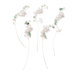 Green Aventurine Glass Seeds Beads, Natural Green Aventurine Golden Brass Wire Wrapped Branch, ABS Imitation Pearl Flower Ornament, for DIY Wire Tree Sculpture, Beaded Bonsai Tree, 135~150x30~35x8~9mm