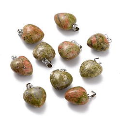 Unakite Natural Unakite Pendants, with Platinum Brass Loops, Heart, 18~19x15~15.5x6~8mm, Hole: 6x2.5~3mm