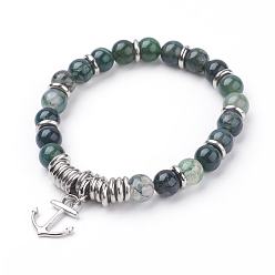 Moss Agate Natural Moss Agate Charm Bracelets, with Alloy Anchor Pendants and CCB Plastic Beads, Platinum, 2-1/8 inch(53mm)