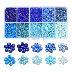 Bleu 8500pcs 10 perles de rocaille en verre de style, ronde, 12/0, bleu, 1.5~2.5mm, Trou: 0.5~1mm, 13g, 850 pcs / style, 8500 pcs / boîte