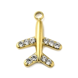 Airplane 316 Surgical Stainless Steel Pendant with Rhinestone, Real 18K Gold Plated, Airplane, 14x11x2mm, Hole: 1.4mm