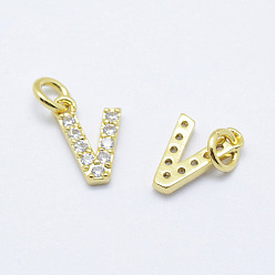 Real 18K Gold Plated Brass Micro Pave Grade AAA Cubic Zirconia Charms, Letter V, Cadmium Free & Nickel Free & Lead Free, Real 18K Gold Plated, 9x6x1.5mm, Hole: 2mm