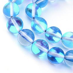Bleu Royal Brins synthétiques de perles de lune, perles holographiques, teint, ronde, bleu royal, 8mm, Trou: 1mm, Environ 45~47 pcs/chapelet, 14~15 pouce