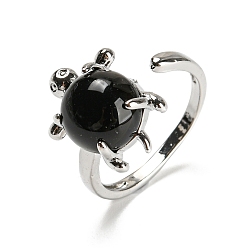 Obsidiana Anillo de puño abierto de tortuga de obsidiana natural, anillo de latón platino, tamaño de EE. UU. 8 1/2 (18.5 mm)