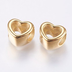 Golden 304 Stainless Steel European Beads, Ion Plating (IP), Large Hole Beads, Hollow Heart, Golden, 10.5x11.5x8mm, Hole: 5mm