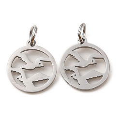 Bird 304 Stainless Steel Charms, Laser Cut, with Jump Ring, Stainless Steel Color, Hollow, Flat Round Charm, Bird, 13.5x12x1mm, Hole: 3.6mm