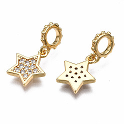 Real 18K Gold Plated Brass Micro Pave Clear Cubic Zirconia Pendants, Nickel Free, Star, Real 18K Gold Plated, 18x9x1.5mm, Hole: 3mm, Ring: 8x6x1mm, Star: 10x9x1.5mm