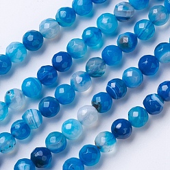 Dodger Blue Natural Striped Agate/Banded Agate Beads Strands, Dyed & Heated, Faceted, Grade A, Round, Dodger Blue, 6mm, Hole: 1mm, about 62pcs/strand, 14.9 inch(38cm)