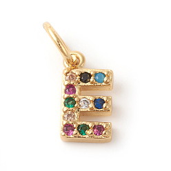 Letter E Brass Micro Pave Colorful Cubic Zirconia Charms, Golden, Letter.E, 9x5x2mm, Hole: 3mm