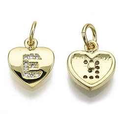 Letter E Brass Micro Pave Clear Cubic Zirconia Charms, with Jump Ring, Heart with Letter, Real 16K Gold Plated, Nickel Free, Letter.E, 10x9x2mm, Jump Ring: 5x1mm, 3mm inner diameter