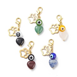 Mixed Stone Natural Gemstone Heart Pendant Decorations, Round Evil Eye Lobster Clasp Charms, Cat Paw Print Charms, for Keychain, Purse, Backpack Ornament, 35mm, 5pcs/set