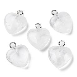 Quartz Crystal Natural Quartz Crystal Pendants, Rock Crystal Pendants, Heart Charms with Platinum Plated Brass Loops, 14.8~15x12x4.1~4.6mm, Hole: 2mm