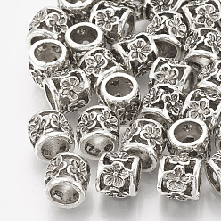 Antique Silver Tibetan Style Alloy Beads, Large Hole Beads, Column with Flower, Antique Silver, 10x9mm, Hole: 6mm
