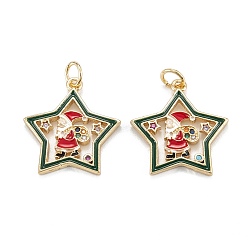 Real 18K Gold Plated Christmas Themed Brass Micro Pave Cubic Zirconia Pendants, with Enamel and Jump Ring, Long-Lasting Plated, Star with Santa Claus, Real 18K Gold Plated, 19.5x18x2mm, Jump Ring: 5x0.7mm, 3.6mm Inner Diameter