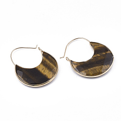 Tiger Eye Natural Tiger Eye Crescent Moon Dangle Hoop Earrings, with Brass Findings, Faceted, 44~51x36.5x4~6mm, Pin: 1mm