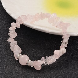 Quartz Rose Puces bracelets extensibles en perles de quartz rose naturel, avec les accessoires de strass en laiton, couleur argent plaqué, 59mm