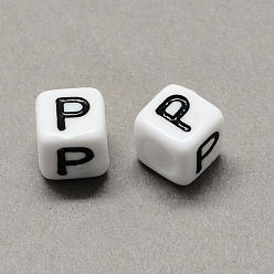 Letter P Grand trou acrylique lettre européenne perles, trou horizontal, blanc et noir, cube avec letter.p, 6x6x6mm, Trou: 4mm, environ2950 pcs / 500 g
