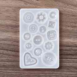 Blanco Moldes de silicona para botones diy, moldes de resina, para la fabricación artesanal de resina uv y resina epoxi, formas mixtas, blanco, 104.5x69x6.5 mm, agujero: 1.5~2 mm, diámetro interior: 12~25x12~26 mm