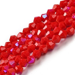 Roja Hebras opacas de perlas de vidrio de imitación de jade de color sólido, color de ab chapado, facetados, bicono, rojo, 4x4 mm, agujero: 0.8 mm, sobre 87~98 unidades / cadena, 12.76~14.61 pulgada (32.4~37.1 cm)