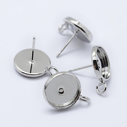 Platinum Brass Stud Earring Settings, with Loop, Flat Round, Platinum, Tray: 10mm, 16x12mm, Hole: 2mm, Pin: 0.8mm