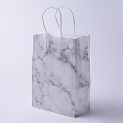 White kraft Paper Bags, with Handles, Gift Bags, Shopping Bags, Rectangle, Marble Texture Pattern, White, 21x15x8cm