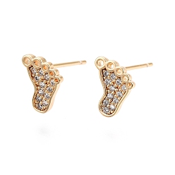 Real 18K Gold Plated Clear Cubic Zirconia Footprint Stud Earrings, Ion Plating(IP) Brass Jewelry for Women, Nickel Free, Real 18K Gold Plated, 9x7.5mm, Pin: 0.7mm