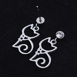 Stainless Steel Color 201 Stainless Steel Kitten Dangle Stud Earrings, with Clear Cubic Zirconia, Hollow Cat, Stainless Steel Color, 22.5mm, Pin: 0.8mm