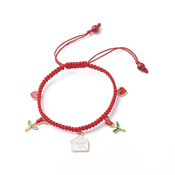 Rouge Bracelet à breloques en alliage d'émail rose enveloppe coeur, bracelet réglable tressé pour la saint valentin, rouge, diamètre intérieur: 2-1/8~3-1/4 pouce (5.4~8.2 cm)