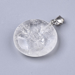 Quartz Crystal Synthetic Gemstone Pendants, with Platinum Tone Brass Bails, Flat Round, 22~25x19~21x5~7mm, Hole: 3x6mm