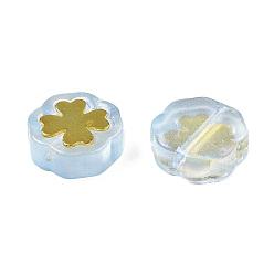 Sky Blue Transparent Spray Painted Glass Beads, with Glitter Powder and Golden Plated Brass Findings, Flower, Sky Blue, 12x12x4.5mm, Hole: 1mm