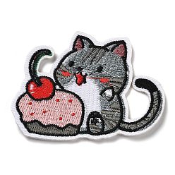 Gris Gato con apliques de tarta de fresa, tela de bordado computarizada para planchar / coser parches, accesorios de vestuario, gris, 59x73x1.5 mm