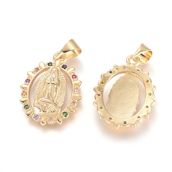 Golden Brass Micro Pave Cubic Zirconia Pendants, Long-Lasting Plated, Oval with Virgin Mary, Colorful, Golden, 20x15x3mm, Hole: 5x3mm