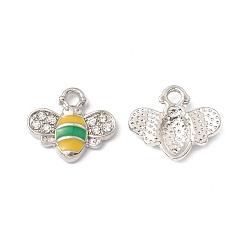 Green Platinum Plated Alloy Enamel Charms, with Rhinestone, Bee Charm, Green, 12.5x14.5x2.5mm, Hole: 1.8mm